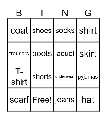 CLOTHES Bingo Card