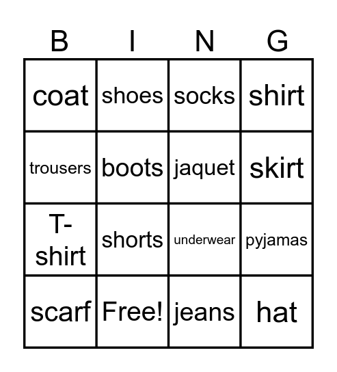 CLOTHES Bingo Card