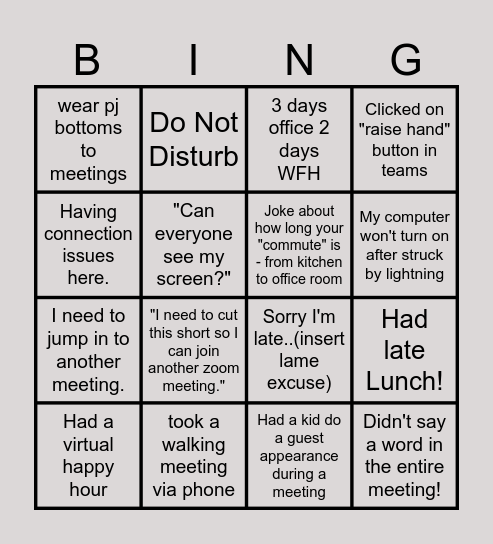 Remote working Bingo Card