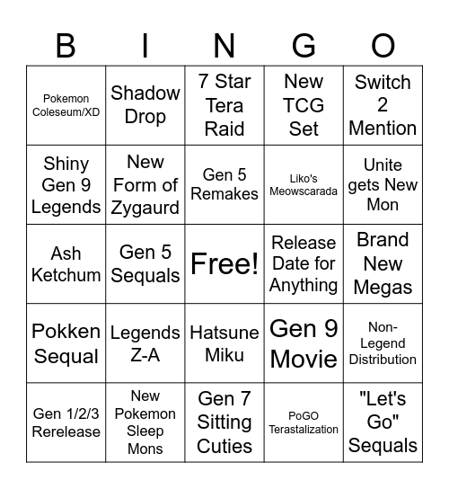 Pokemon Day Direct 2025 Bingo Card