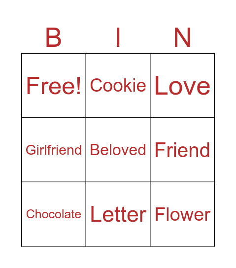 Valentine Bingo Card