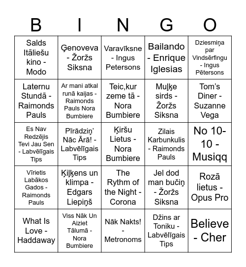 Dziesmu Bingo Card