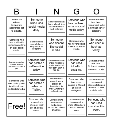 Social media Bingo Card