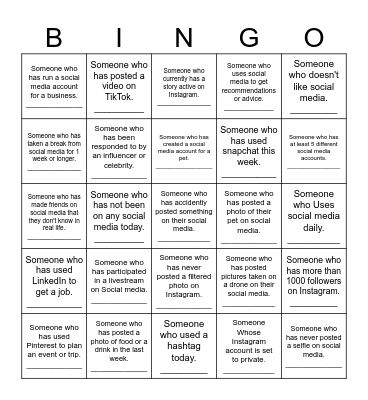 Social media Bingo Card