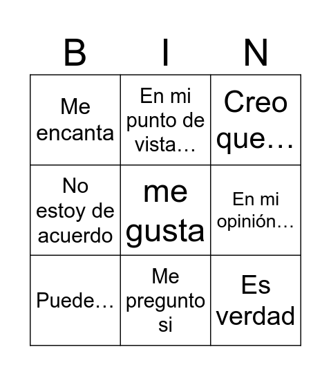 Expresar su opinion Bingo Card