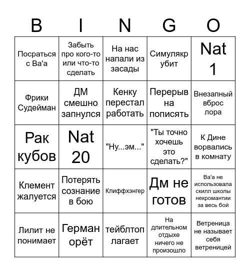 D&D Изира Bingo Card