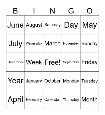 Calendar Bingo Card