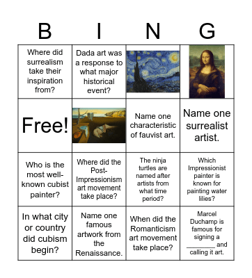 Art Movements Day 1 Bingo Card