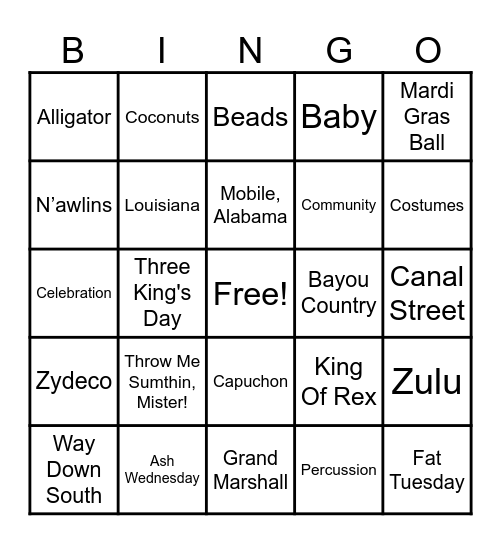 Mardi Gras Bingo Card