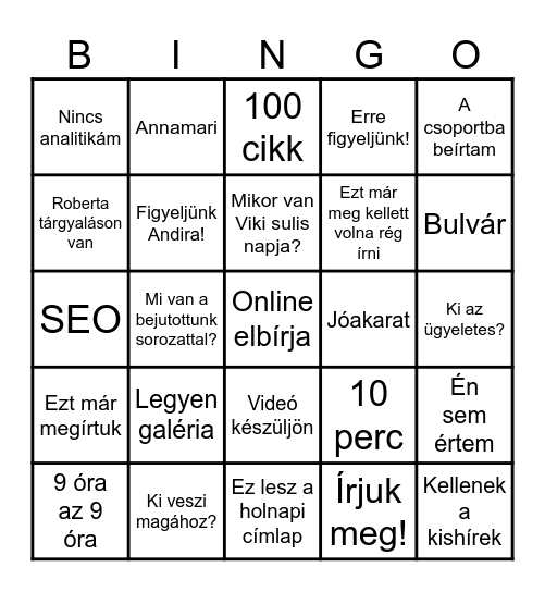 Szerkesztőségi bingó Bingo Card