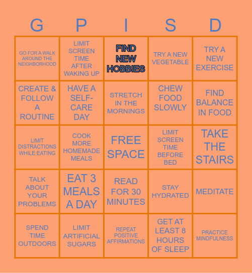 Healthy Habits BINGO Card