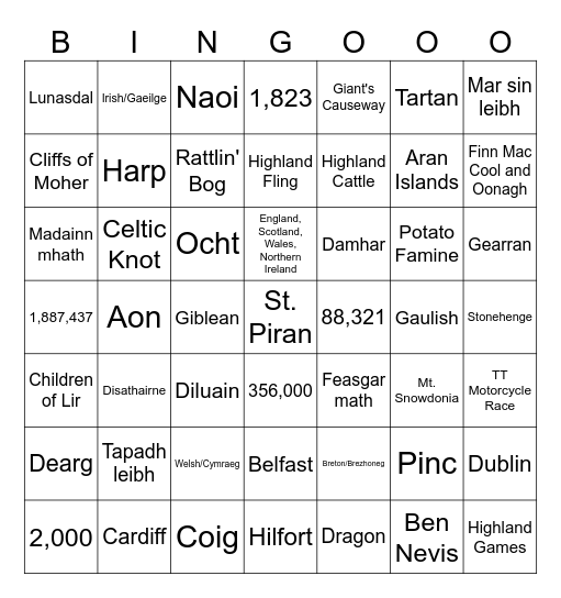 Scottish Gaelic Bingo Card