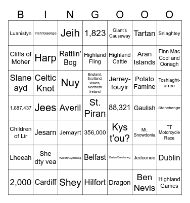 Manx Gaelg Bingo Card