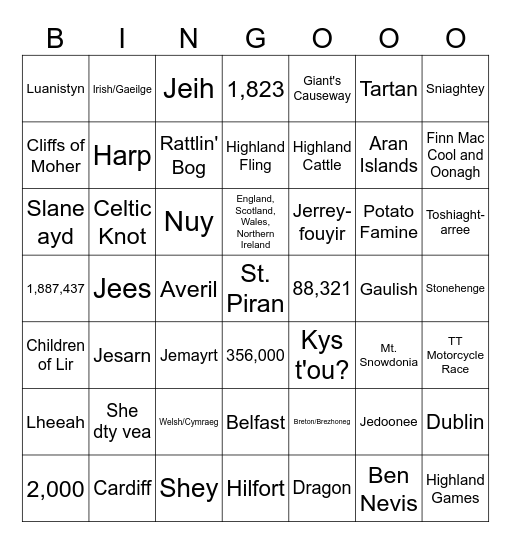 Manx Gaelg Bingo Card