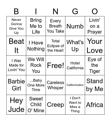 "Greatest Hits of All Time" Bingo Card