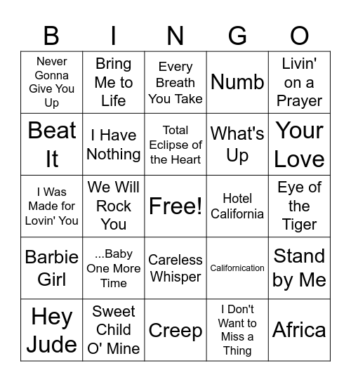 "Greatest Hits of All Time" Bingo Card