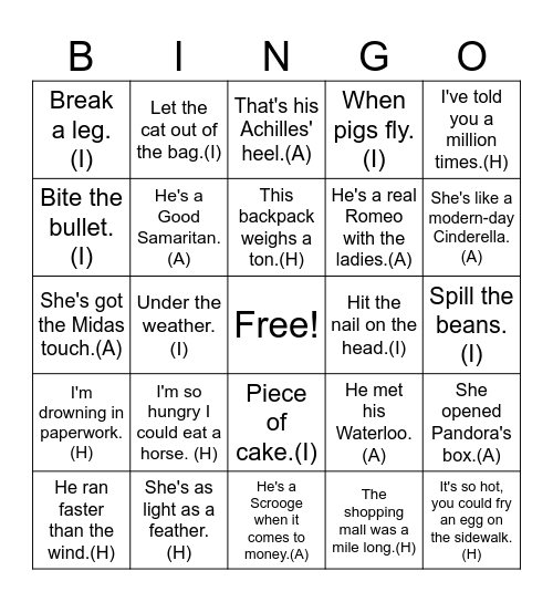Hyperbole, Idiom, Allusion Bingo Card
