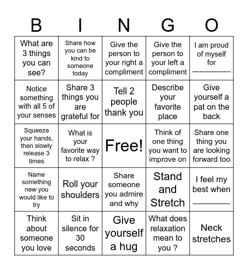 Mindfulness and Relaxation Bingo Card