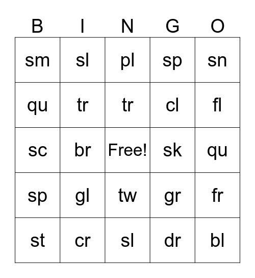 Beginning Blends Bingo Card