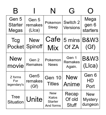 Epic pokemon Bingo Card