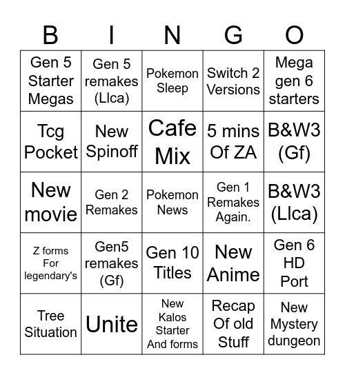 Epic pokemon Bingo Card