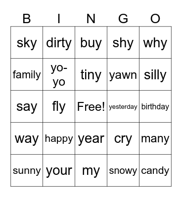 Y sounds Bingo Card