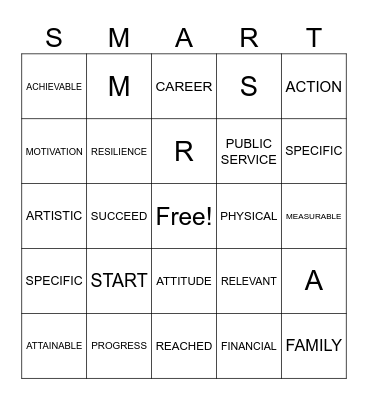 SMART GOAL SETTING Bingo Card