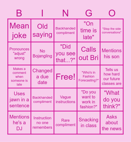 FASH 250 Class Bingo Card