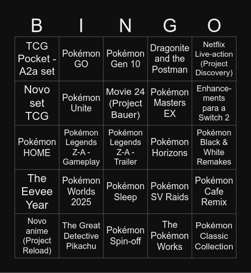 Pokémon Presents 2025 Bingo Card