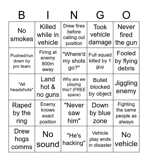 PUBG Bingo Card