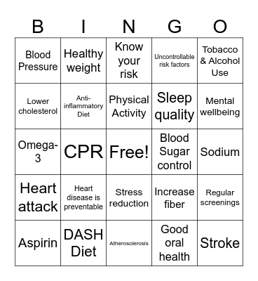 Heart Health Bingo Card