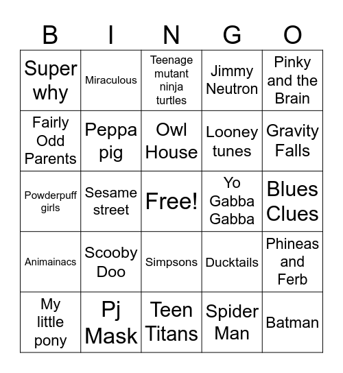 Cartoon Music Bingo Card