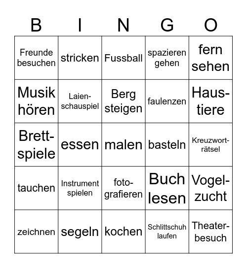 Hobbys Bingo Card