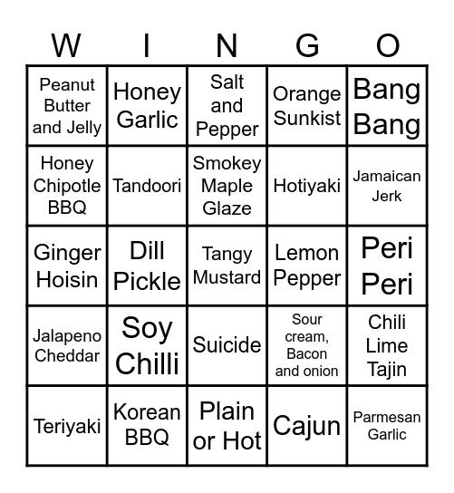 Wing Night Bingo Card