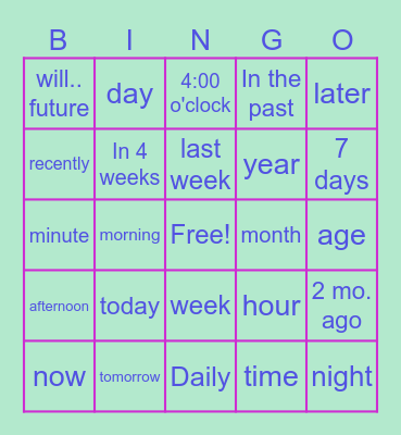 TTCS Fun ASL Time Tense Bingo Card