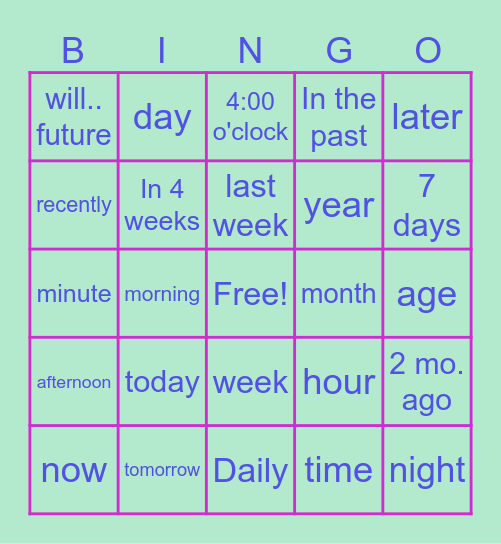 TTCS Fun ASL Time Tense Bingo Card