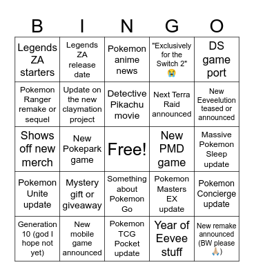 Pokemon Day Direct 2025 Bingo Card