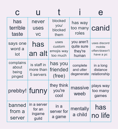 discowd fwiend bingo v0.1.0 Bingo Card