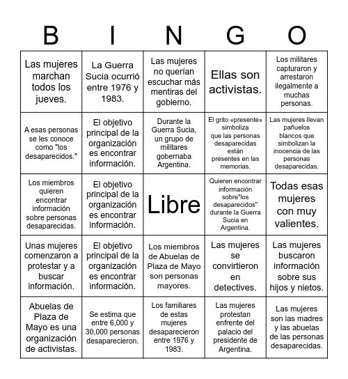 Simple Sentence Bingo Card