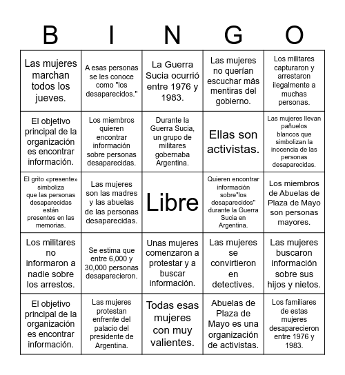 Simple Sentence Bingo Card