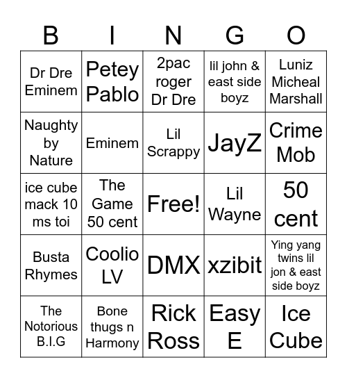 Rap Classic's 1 Bingo Card