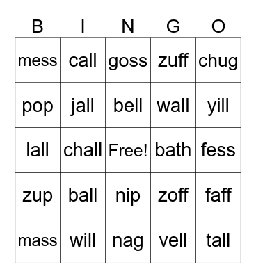 Wilson 1.4 Real and Nonsense Words Bingo Card