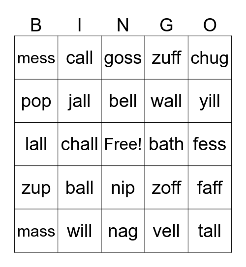 Wilson 1.4 Real and Nonsense Words Bingo Card