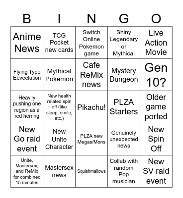 Pokemon Presents 2025 Bingo Card
