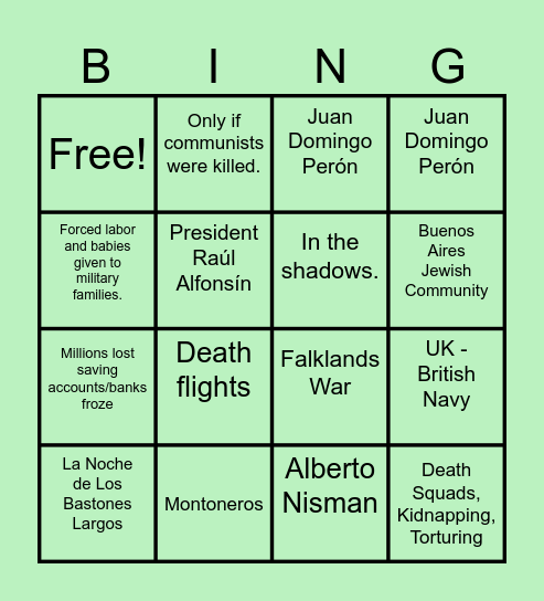 Argentina History Bingo Card