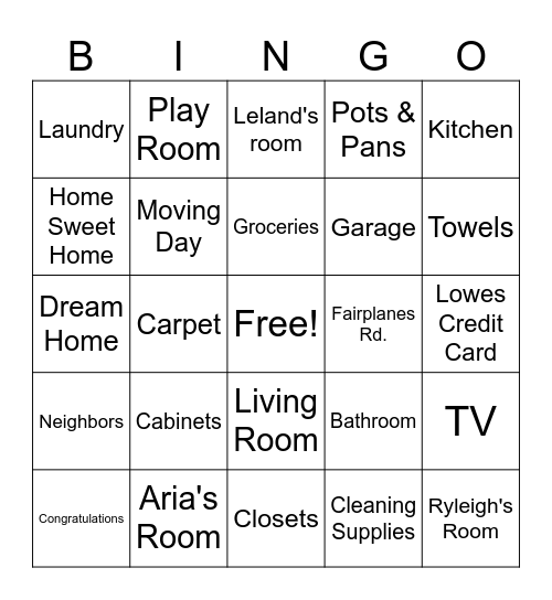Smith House Warming Shower Bingo Card