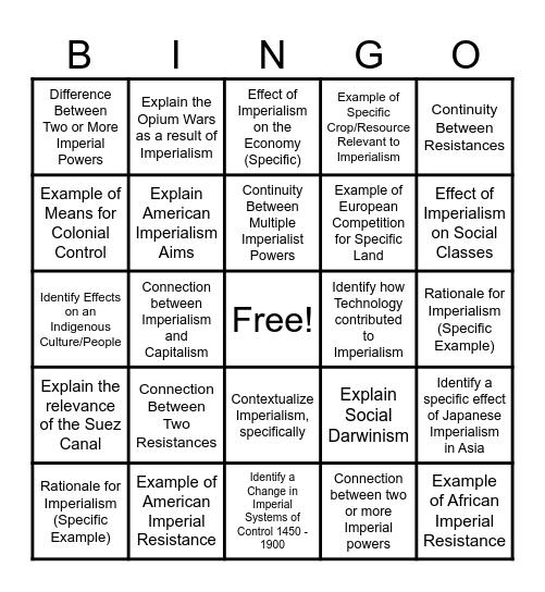 Unit 6 Imperialism BINGO Card