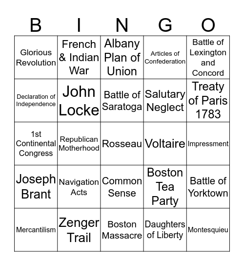 Unit 2 Bingo Card