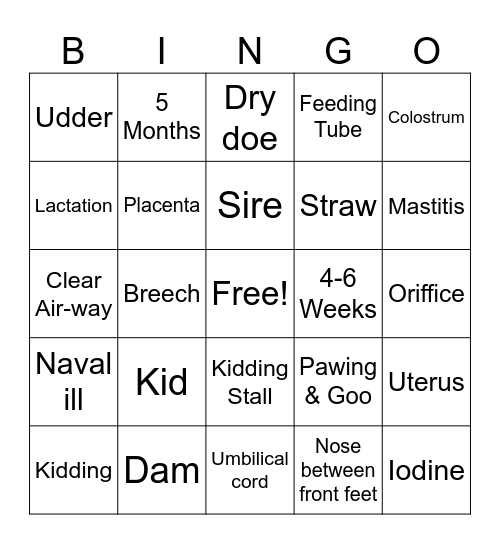 Goat Baby Shower Bingo Card