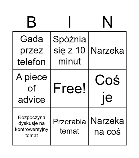 Kocham angielski Bingo Card